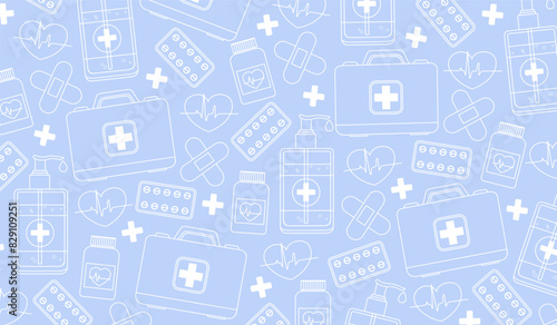 Vector medical background with line symbols includes antiseptic, patches, medical kit, etc.
