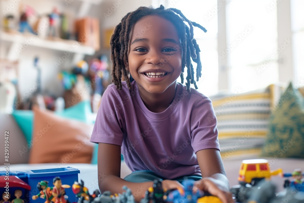 Child playing with toys, smiling happily, in a colorful room filled with various toys. Child playing with toys, smiling happily, in a colorful room filled with various toys.