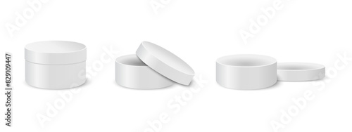 Set of closed and open round boxes. Cardboard, tin or plastic containers for gifts or hats, cosmetics or medicine, sweets or cookies. Silver cylindrical packages. Vector realistic illustration.