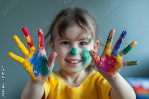 A child with a smiling face showing hands painted in vibrant colors  messy but happy.