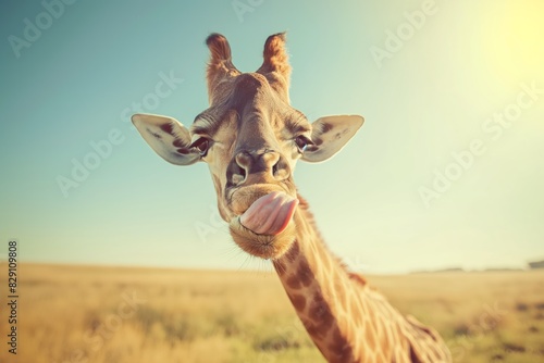 Giraffe with tongue out in African savanna on a sunny day, close-up photo and blurred background