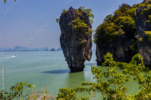Limestone karst and pinnacle in a tropical ocean in Thailand