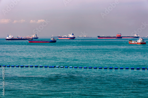 Photography Large numbers of ships waiting at anchor off the coast of Singapore and Malacca
