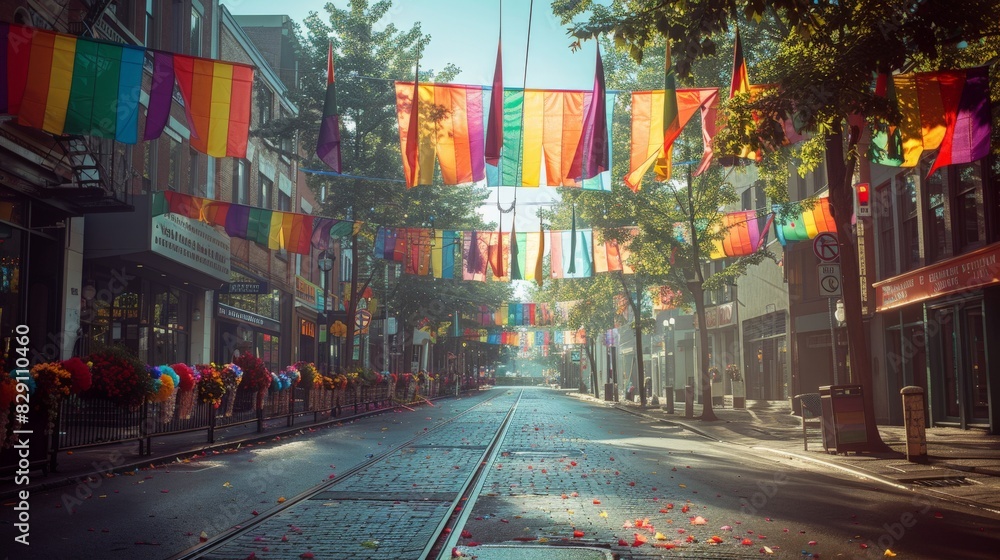 Obraz premium Vibrant LGBTQA+ Pride Parade Route Rendered in Realistic Detail with Rainbow Decorations and Flags Canon EOS K5 85mm