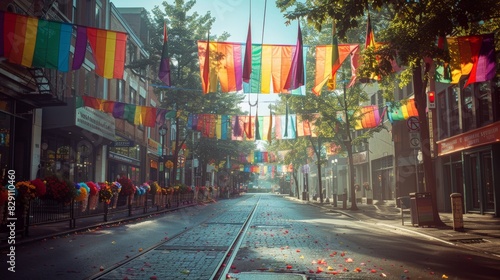 Vibrant LGBTQA+ Pride Parade Route Rendered in Realistic Detail with Rainbow Decorations and Flags Canon EOS K5 85mm © Tanayut