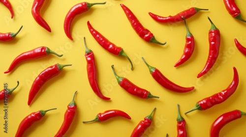 Red chili peppers on yellow background