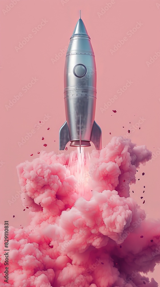 Silver rocket launching with pink smoke on pastel background Silver rocket launching with pink smoke on pastel background