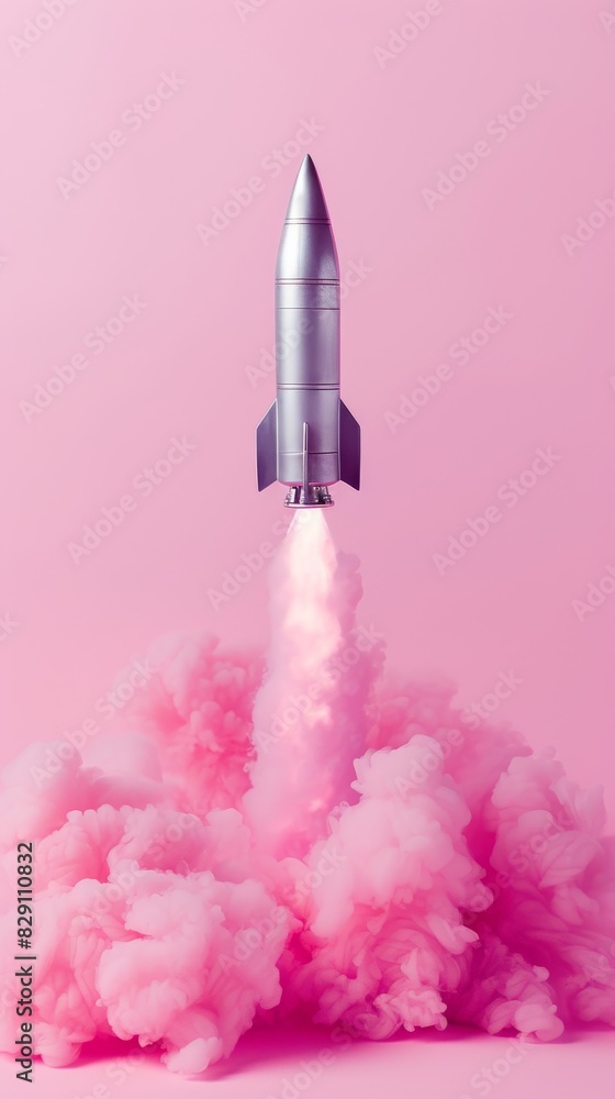 Silver rocket launching amidst pink smoke against a pastel background Silver rocket launching amidst pink smoke against a pastel background