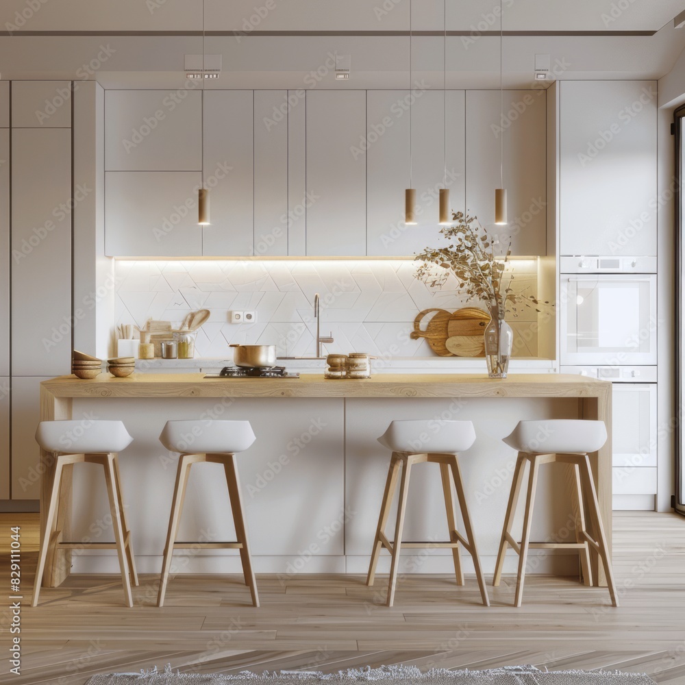 Modern Scandinavian home interior with a sleek white kitchen, light wood accents, and simple geometric decor Modern Scandinavian home interior with a sleek white kitchen, light wood accents, and simple geometric decor