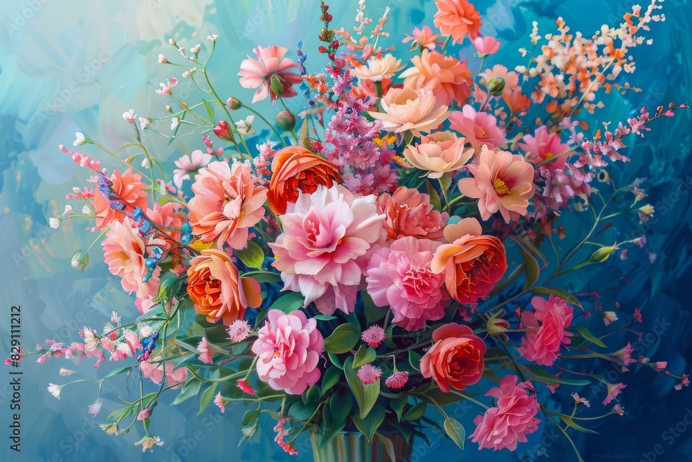 A beautiful bouquet of flowers, oil painting, blue background, pink and red flowers, bright colors, vibrant colors, high detail, high resolution A beautiful bouquet of flowers, oil painting, blue background, pink and red flowers, bright colors, vibrant colors, high detail, high resolution