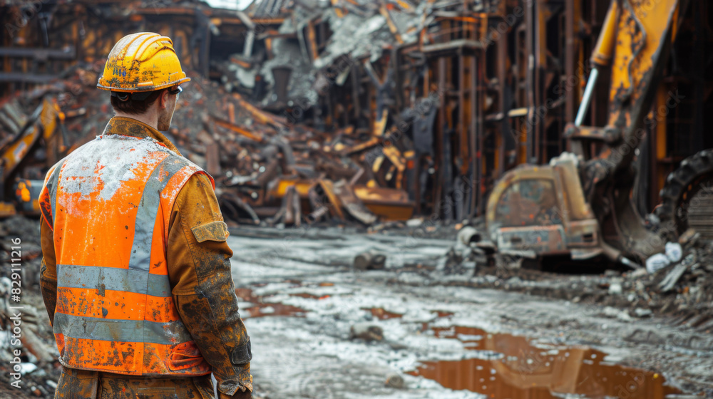 A construction worker in high visibility gear standing amidst a demolished site, surveying the ongoing work. A construction worker in high visibility gear standing amidst a demolished site, surveying the ongoing work.