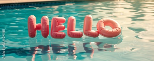 Obraz na płótnie Inflatable hello balloons floating in swimming pool