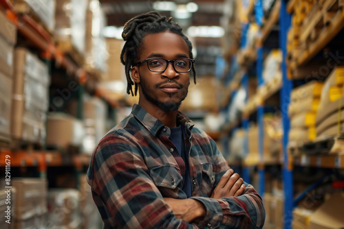 Portrait of a confident young black man with glasses standing in a warehouse and looking at the camera  in the style of copy space concept 