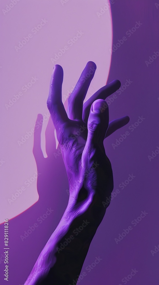 Hand reaching toward light in purple hues Hand reaching toward light in purple hues