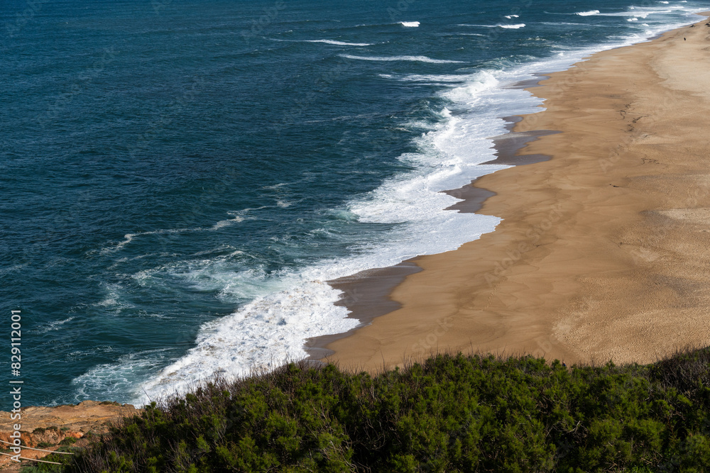 Obraz premium View from the hill to the sandy beach 'Praia da Nazaré' , Praia do Norte beach and Nazare town, Portugal