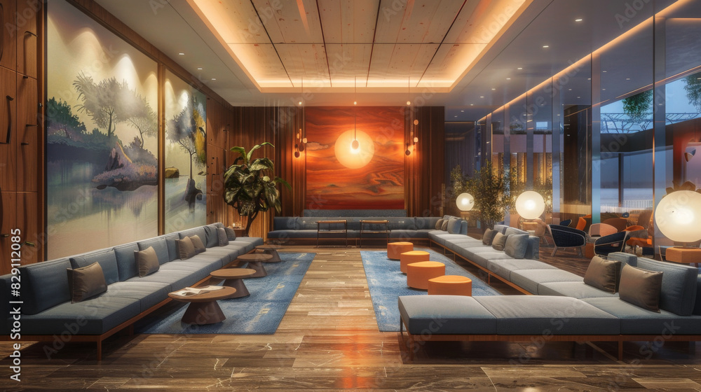 Luxurious modern hotel lobby with stylish furniture, serene lighting, and a striking sunset wall art.