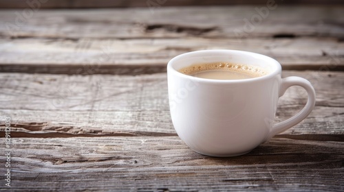 White coffee cup on a wooden textured background