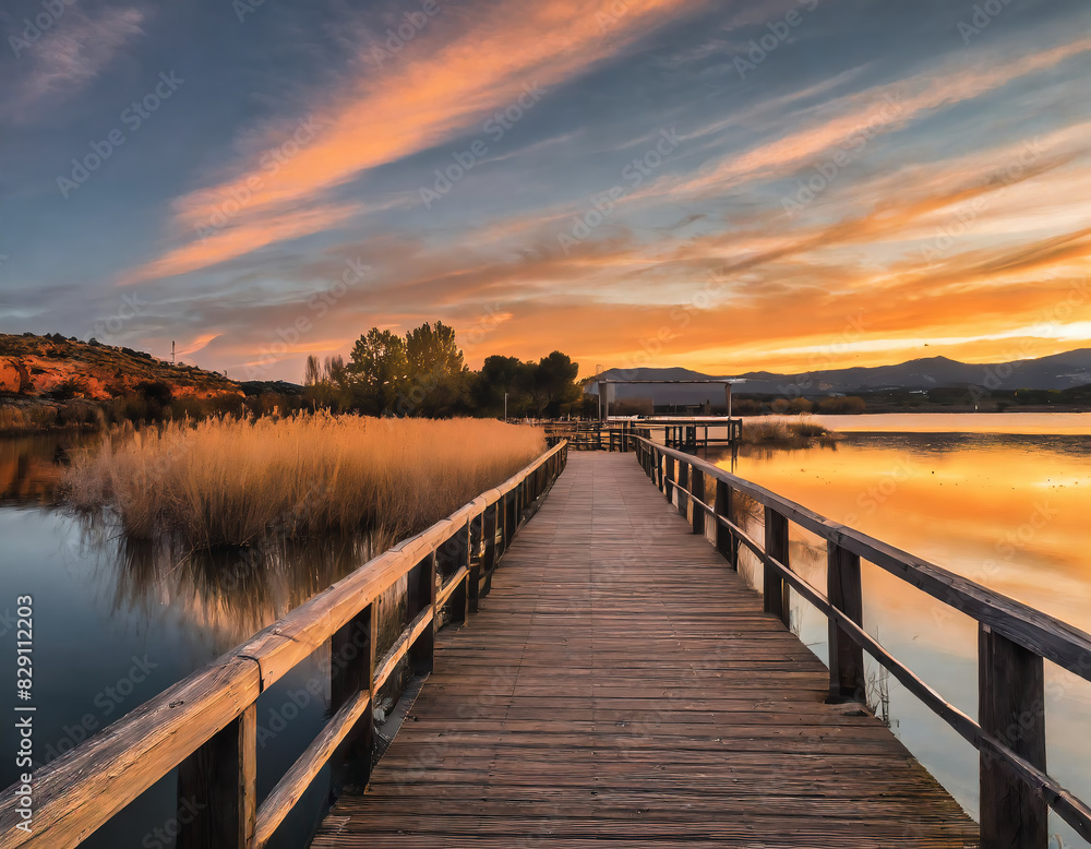 A serene scene unfolds with a wooden pier extending over a tranquil lake, bathed in the warm glow of sunset during the summer A serene scene unfolds with a wooden pier extending over a tranquil lake, bathed in the warm glow of sunset during the summer