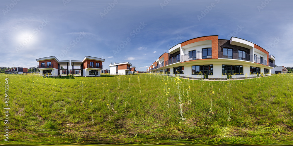 hdri 360 panorama in low-rise residential townhouse or public buildings complex with several multi-level apartments with isolated entrances in equirectangular spherical seamless projection hdri 360 panorama in low-rise residential townhouse or public buildings complex with several multi-level apartments with isolated entrances in equirectangular spherical seamless projection