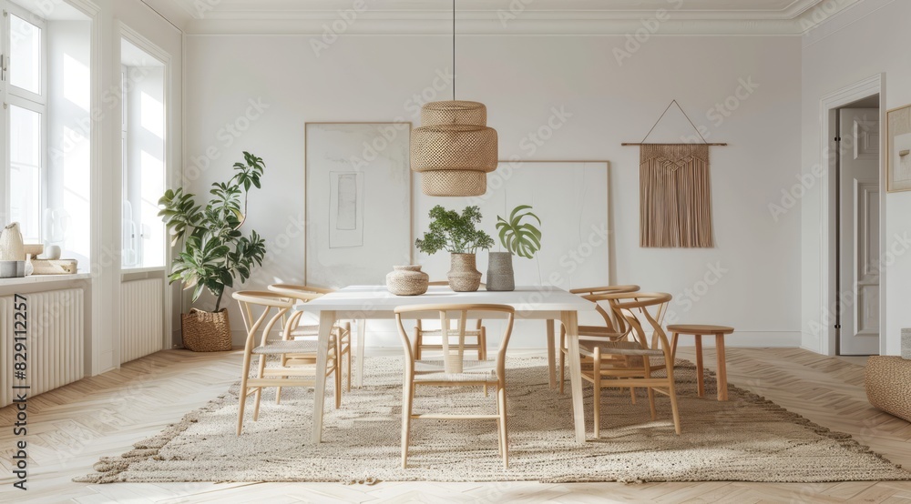 Modern Scandinavian home interior with a white dining table, wooden chairs, and a large rug in neutral tones, complemented by minimalist decor and natural light Modern Scandinavian home interior with a white dining table, wooden chairs, and a large rug in neutral tones, complemented by minimalist decor and natural light
