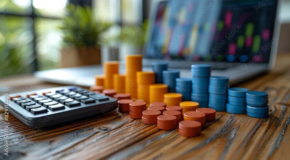 A closeup of financial charts and graphs on an office desk, with a calculator beside it and the laptop in soft focus behind them. A closeup of financial charts and graphs on an office desk, with a calculator beside it and the laptop in soft focus behind them.