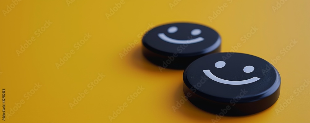 Two black smiley face buttons on yellow background Two black smiley face buttons on yellow background