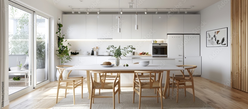 Modern Scandinavian home interior with a white dining table, wooden chairs, and a sleek white kitchen Modern Scandinavian home interior with a white dining table, wooden chairs, and a sleek white kitchen