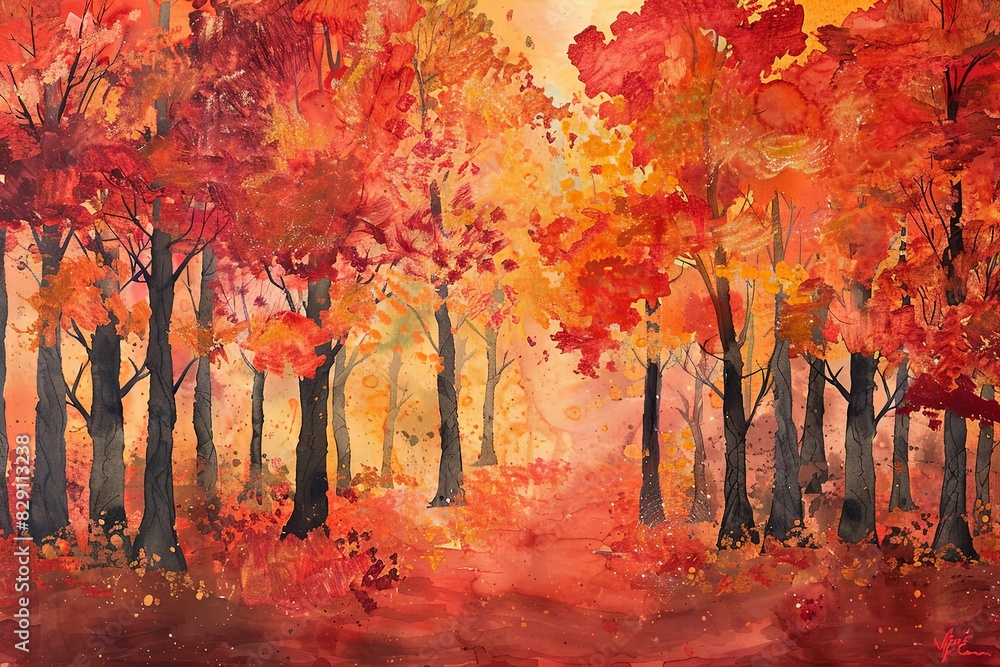 A panoramic view of a vibrant autumn forest filled with numerous trees