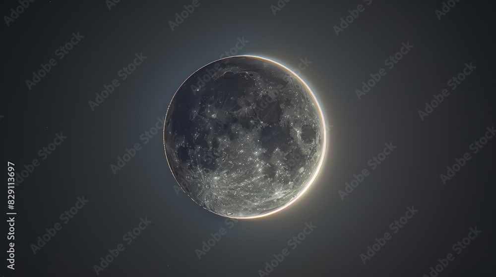 A faint ring of light encircles the glowing orb of the moon like a celestial embrace. A faint ring of light encircles the glowing orb of the moon like a celestial embrace.