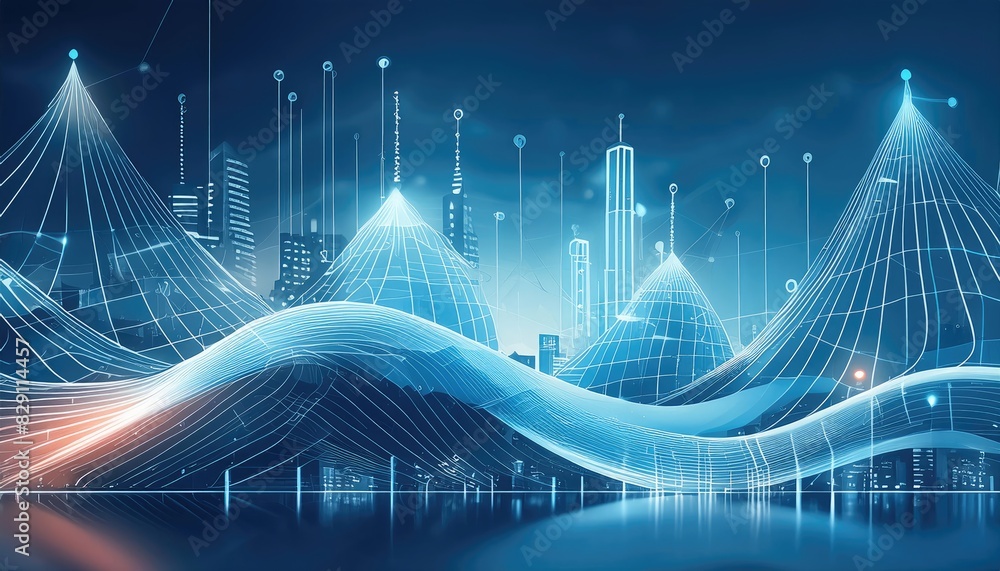 Naklejka premium Futuristic Digital Cityscape with Data Flow