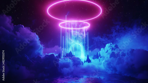 Under the veil of night, an abstract cloud is transformed into a spectacle of light, surrounded by a neon-lit geometric ring that illuminates the darkness with its ethereal glow, 