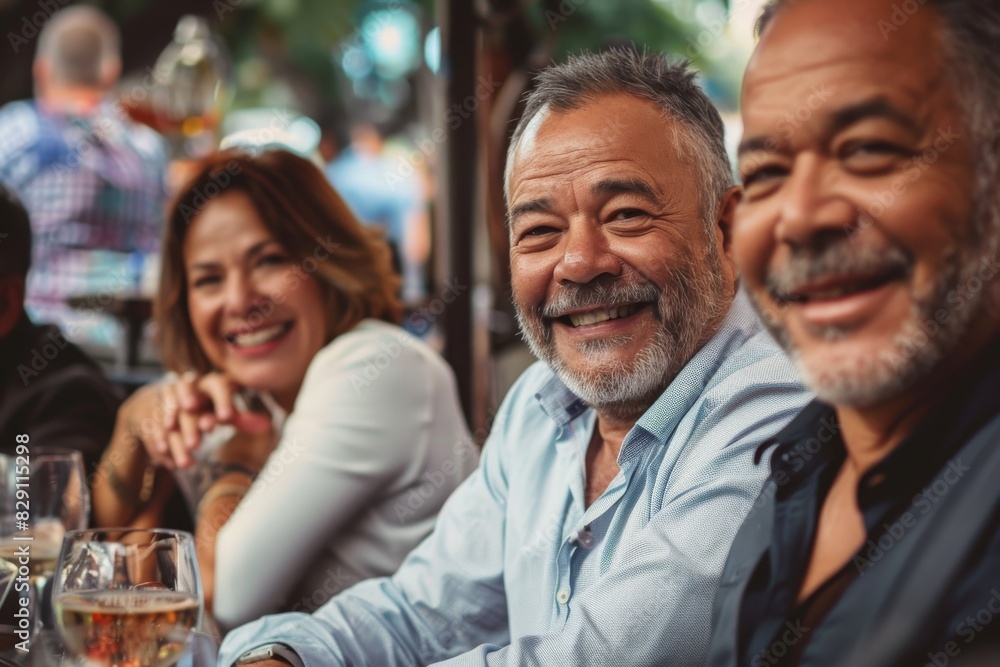Portrait of a smiling senior man sitting in a pub with his friends. Portrait of a smiling senior man sitting in a pub with his friends.