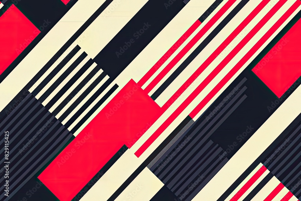 A colorful abstract design with red, black, and white stripes. The design is made up of squares and rectangles A colorful abstract design with red, black, and white stripes. The design is made up of squares and rectangles
