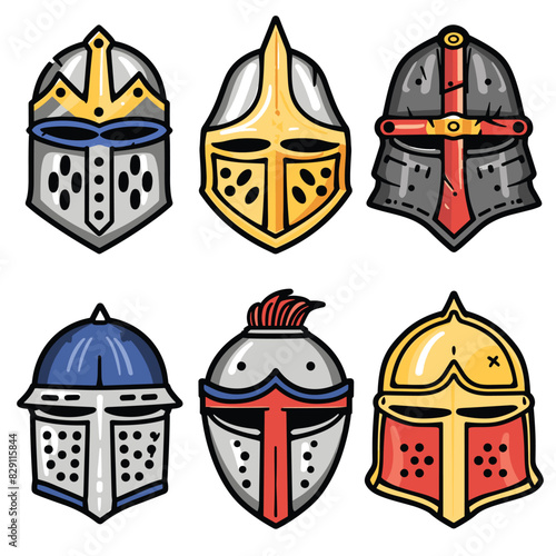 Six medieval knight helmets cartoon style isolated. Collection features different designs helmets worn knights, detailed colorful graphics protection headgear