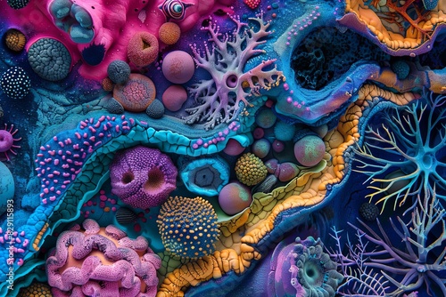 Detailed close up of a painting showcasing vibrant and colorful coral formations