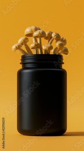 Black jar with mushrooms against yellow background