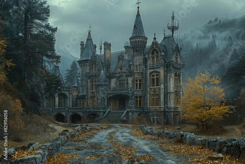 A castle with a large tower and a small house. The castle is surrounded by trees and has a gloomy atmosphere