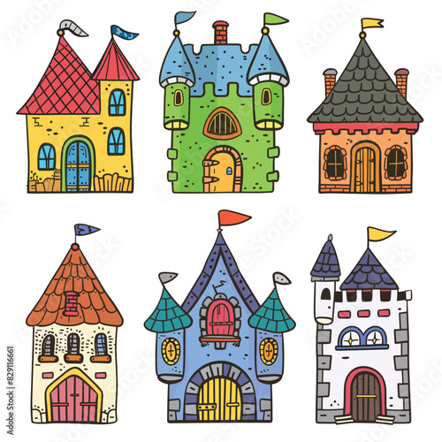 Colorful cartoon castles flags, towers, various architectural features white background. Handdrawn fantasy fortresses windows, doors, tiled shingled roofs. Set playful medieval fairytale castle