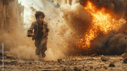 arab boy running from explosions in the destroyed city,generative ai