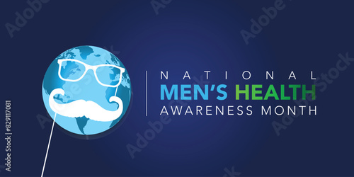 Mens health month concept horizontal banner design template. June is national mens health awareness month vector flyer or poster  about health care for men and implement healthy living decisions.