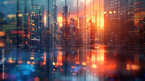 Wallpaper Mural Abstract business background with a modern city skyline and glass windows at sunset, skyscrapers in the evening light, reflection on the floor. Torontodigital.ca