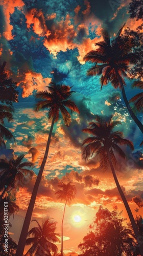 Beautiful tropical sunset with palm trees and vibrant sky