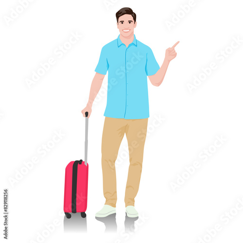 Young man tourist pointing his finger to the side. Male in casual clothes with a suitcase. Young male traveler goes on a journey. Vector illustration isolated on white