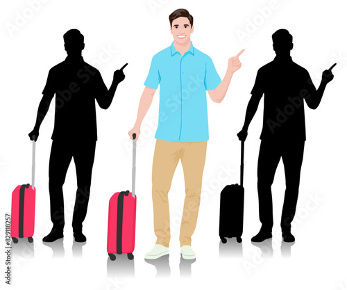 Young man tourist pointing his finger to the side. Male in casual clothes with a suitcase. Young male traveler goes on a journey. Vector illustration isolated on white