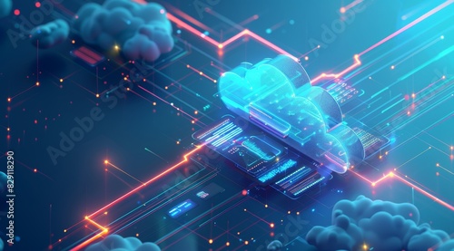 An isometric view of cloud computing technology with digital data and glowing clouds, representing the concept of distant or on line data storage in blue background