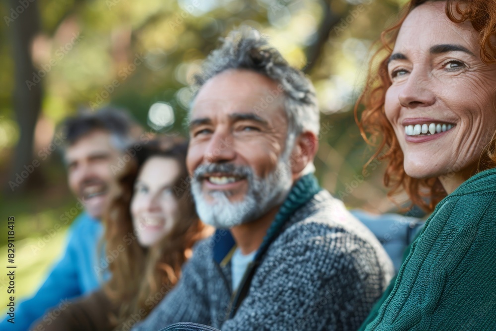 Group of friends sitting in the park and laughing. They are smiling and looking at camera. Group of friends sitting in the park and laughing. They are smiling and looking at camera.