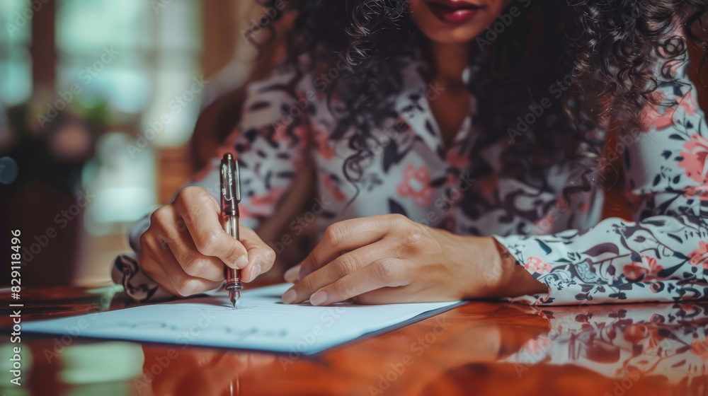 Fototapeta premium A woman with curly hair, wearing a floral shirt, writes on a piece of paper with a pen at a wooden table in a sunlit room, concentrating on her task