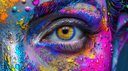 A womans face is covered in a variety of vibrant and colorful paints, creating a bold and expressive look