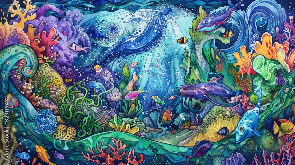 A painting depicting a vibrant ocean scene with dolphins swimming gracefully alongside various other marine animals