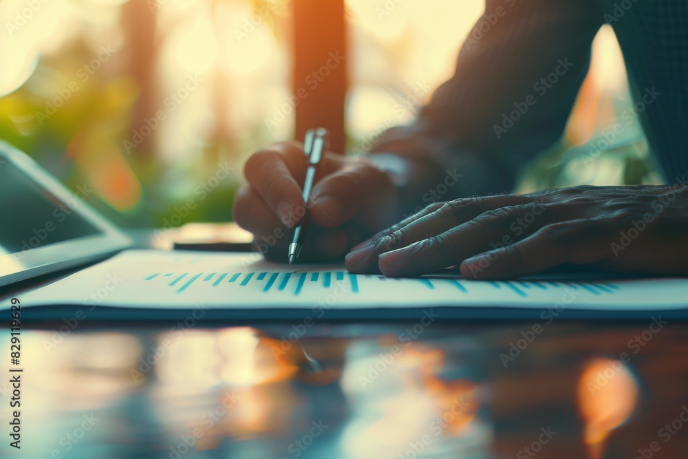 Businessman and businessman hands working together with documents, digital tablet at an office table in the afternoon sunlight. Businessman and businessman hands working together with documents, digital tablet at an office table in the afternoon sunlight.